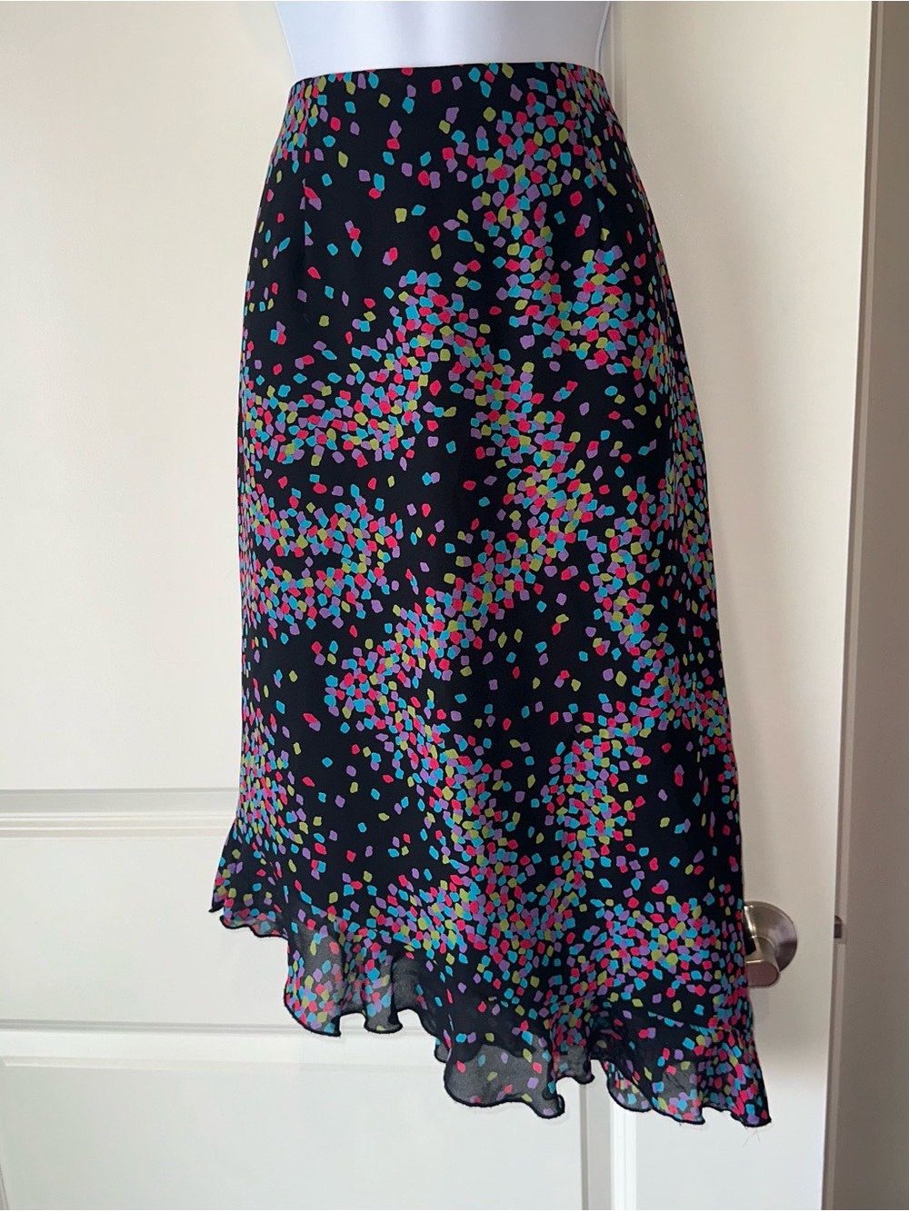 Black High-Low Skirt with Multicolor Confetti Print